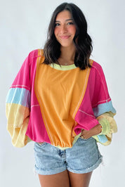 Rose rød plus size colorblock patchwork sweater med synlige søm - Aretha