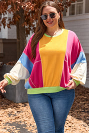 Rose rød plus size colorblock patchwork sweater med synlige søm - Aretha