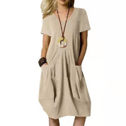 Casual Comfort Women's Cotton Linen Dress | Summer Los Fit Kortærmet kjole med lommer - Dancy