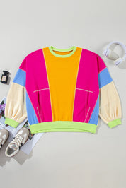 Rose rød plus size colorblock patchwork sweater med synlige søm - Aretha