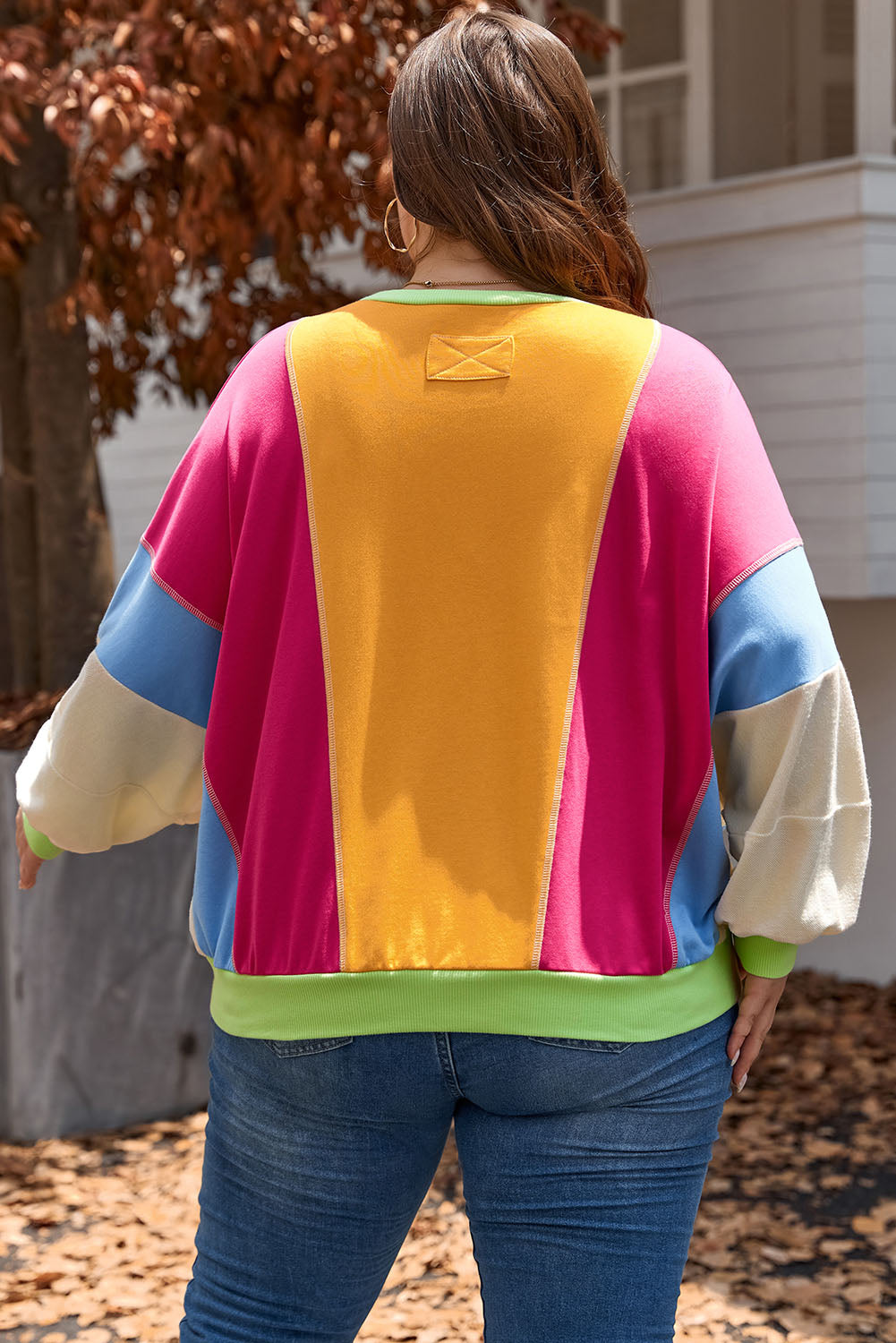 Rose rød plus size colorblock patchwork sweater med synlige søm - Aretha