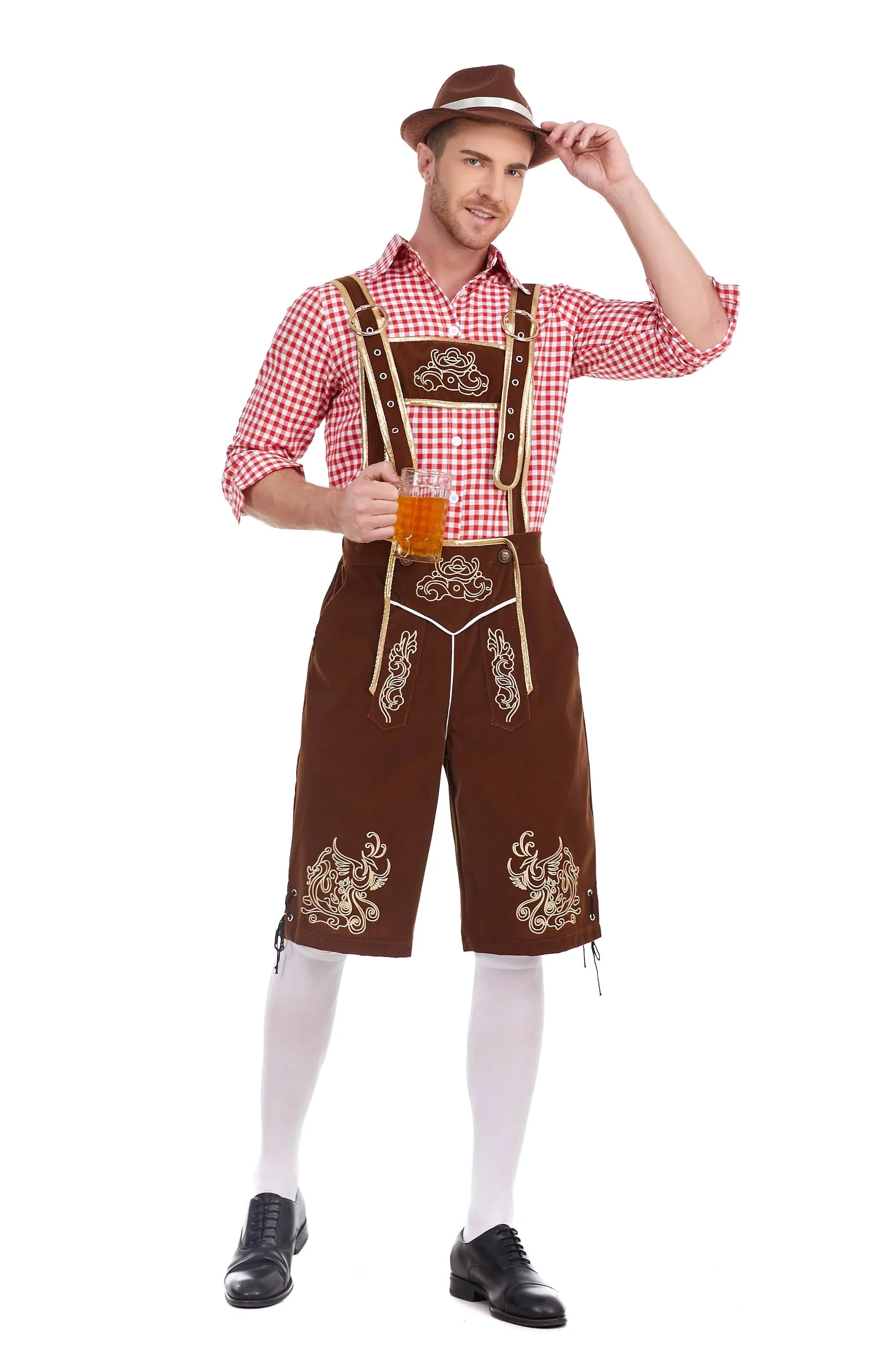 Bayersk kostume til mænd - Traditionelle Oktoberfest Suspender Shorts og skjorte | Tharghall