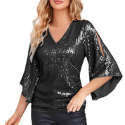 3/4 ærmet glitter glitrende festbluse med V-hals - Asta