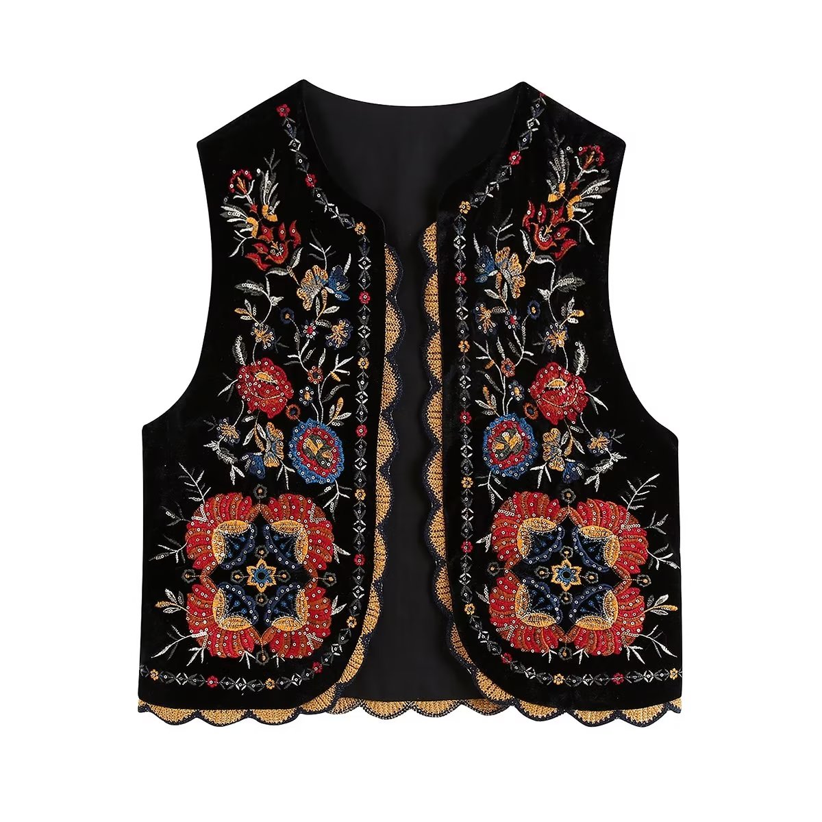 Maisha | Pailletter blomst broderi cardigan patchwork fløjl vest