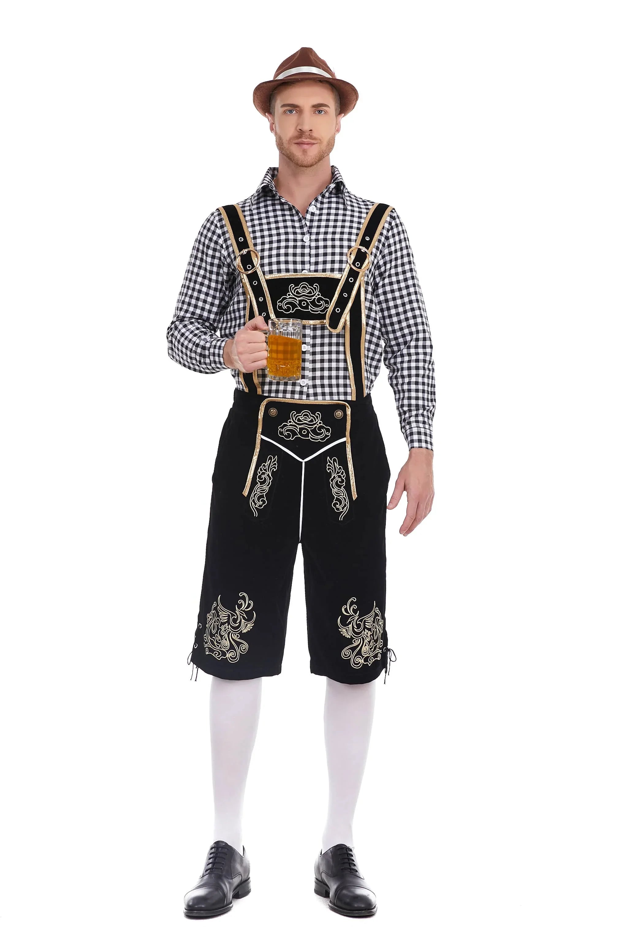 Bayersk kostume til mænd - Traditionelle Oktoberfest Suspender Shorts og skjorte | Tharghall