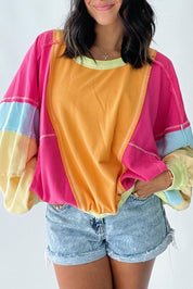 Rose rød plus size colorblock patchwork sweater med synlige søm - Aretha