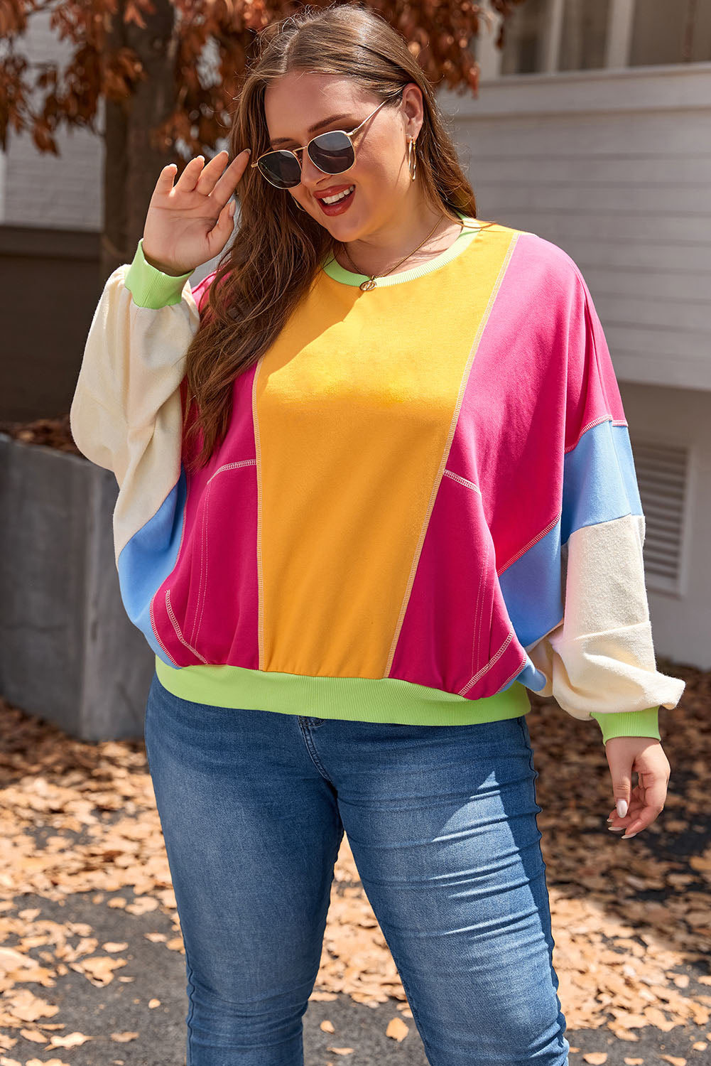 Rose rød plus size colorblock patchwork sweater med synlige søm - Aretha