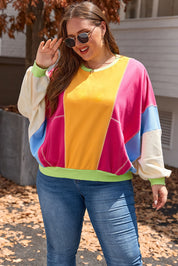 Rose rød plus size colorblock patchwork sweater med synlige søm - Aretha