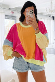 Rose rød plus size colorblock patchwork sweater med synlige søm - Aretha